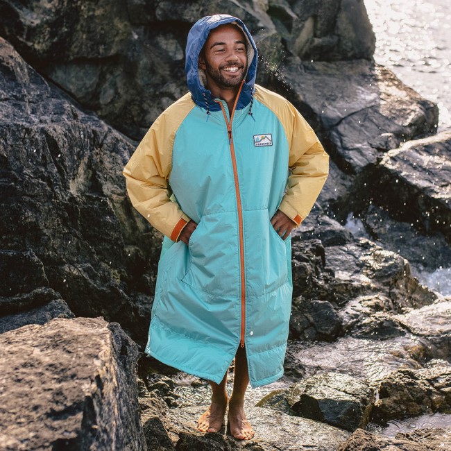 Exclusive Passenger's Roaming Recycled Sherpa Lined Changing Robe Blue Turquoise/Ochre Yellow