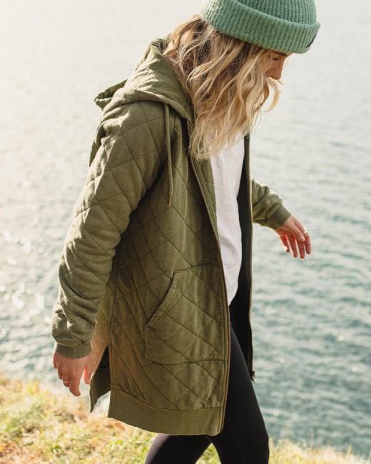 Passenger Exclusive Getaway Recycled Cotton Quilted Full Zip Hoodie Khaki